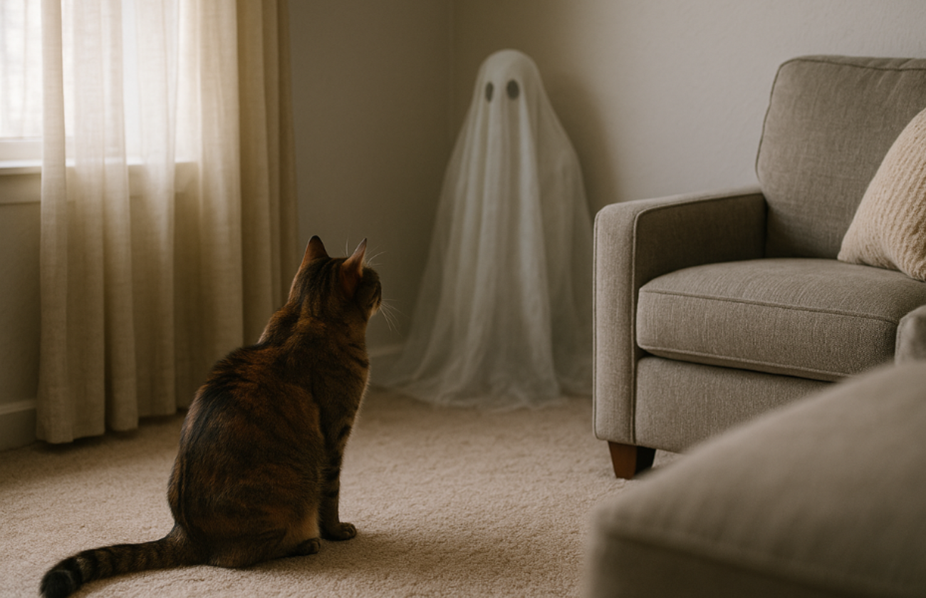 部屋の隅に白いシーツをまとった幽霊のような姿を見つめる茶トラの猫。猫が霊を見るという伝説を表している