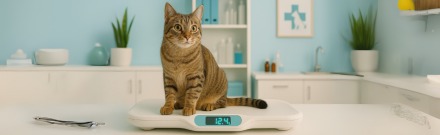 Pisică tigrată stând pe un cântar digital pentru animale într-o clinică veterinară luminoasă, cu un decor medical curat și prietenos.