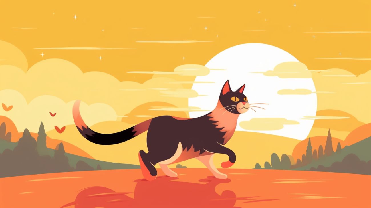 A cat confidently walking back home after being missing with a sunset behind them