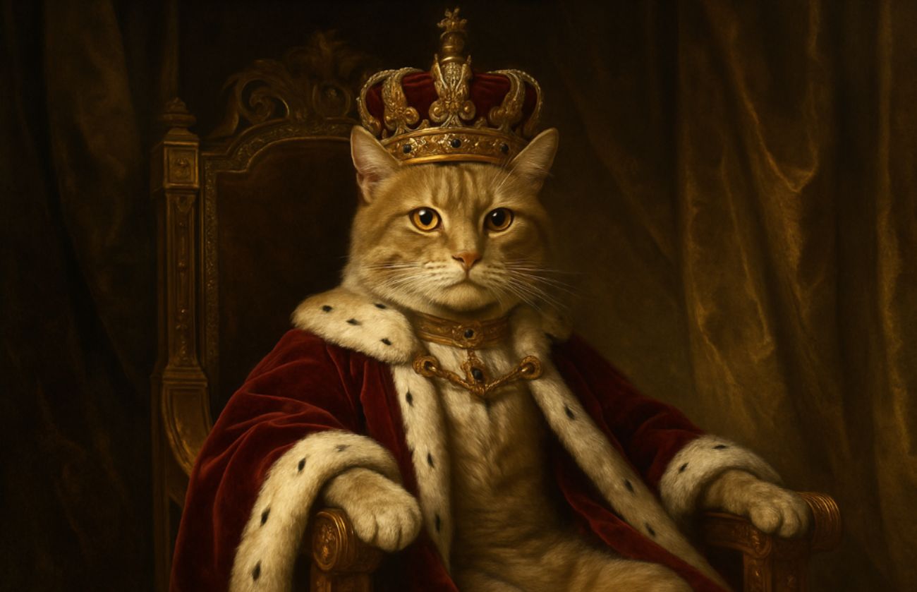Eine majestätische orangefarbene Tabbykatze in königlicher Robe und mit einer juwelenbesetzten Krone, die wie eine echte Katzenkönigin auf einem Thron sitzt