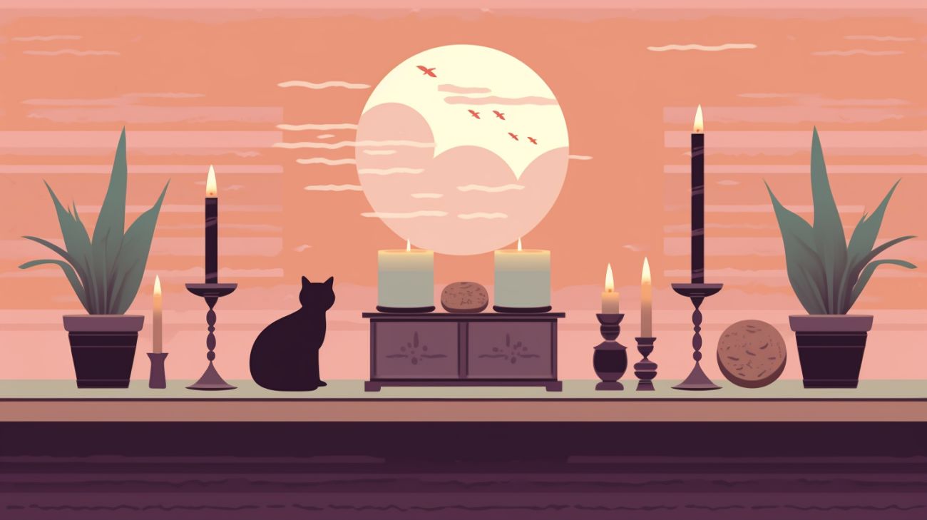 A prayer altar with candles and a photo of a missing cat