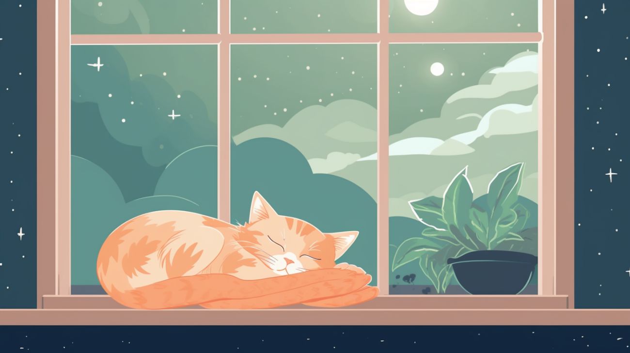 A cat sleeping by a window at night