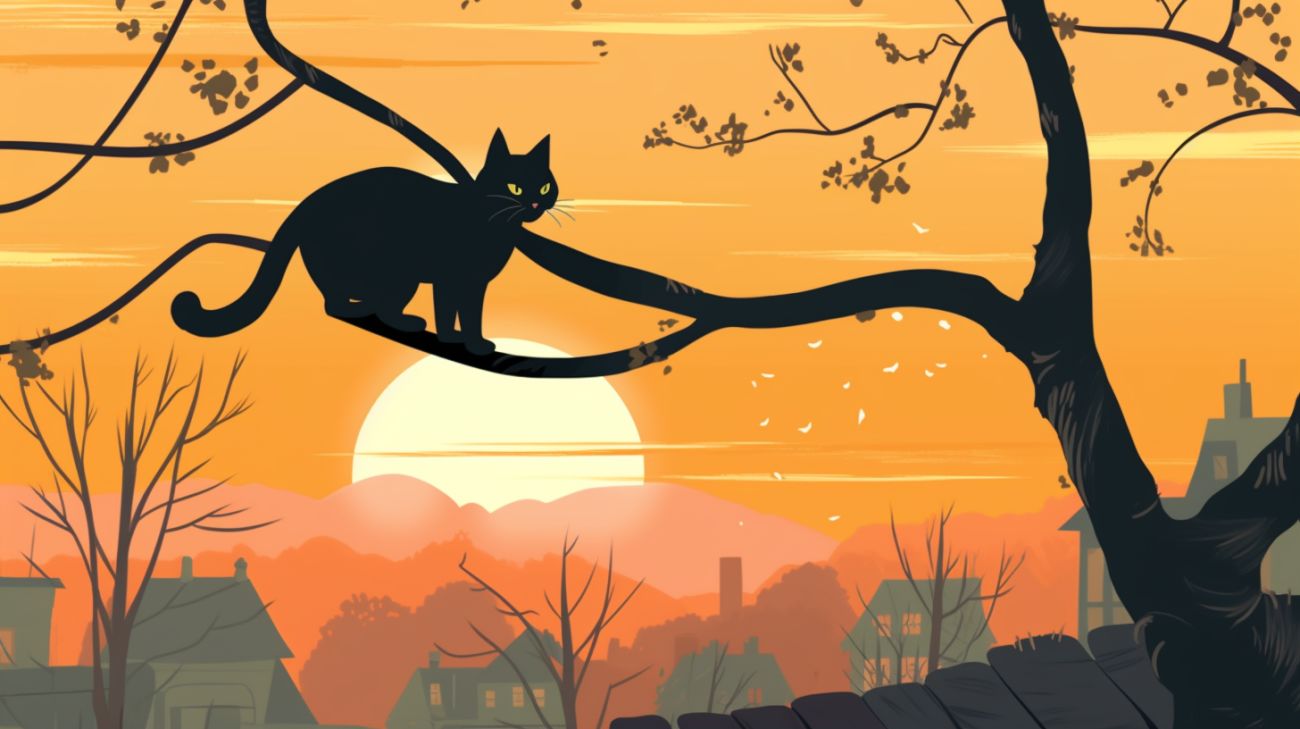 A hiding black cat sat on a tree branch in sunset