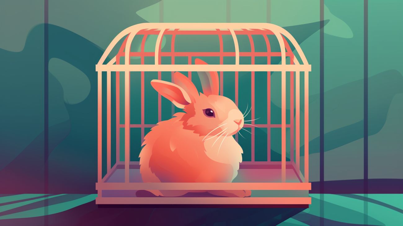 Huisdier konijn vast in een kleine kooi