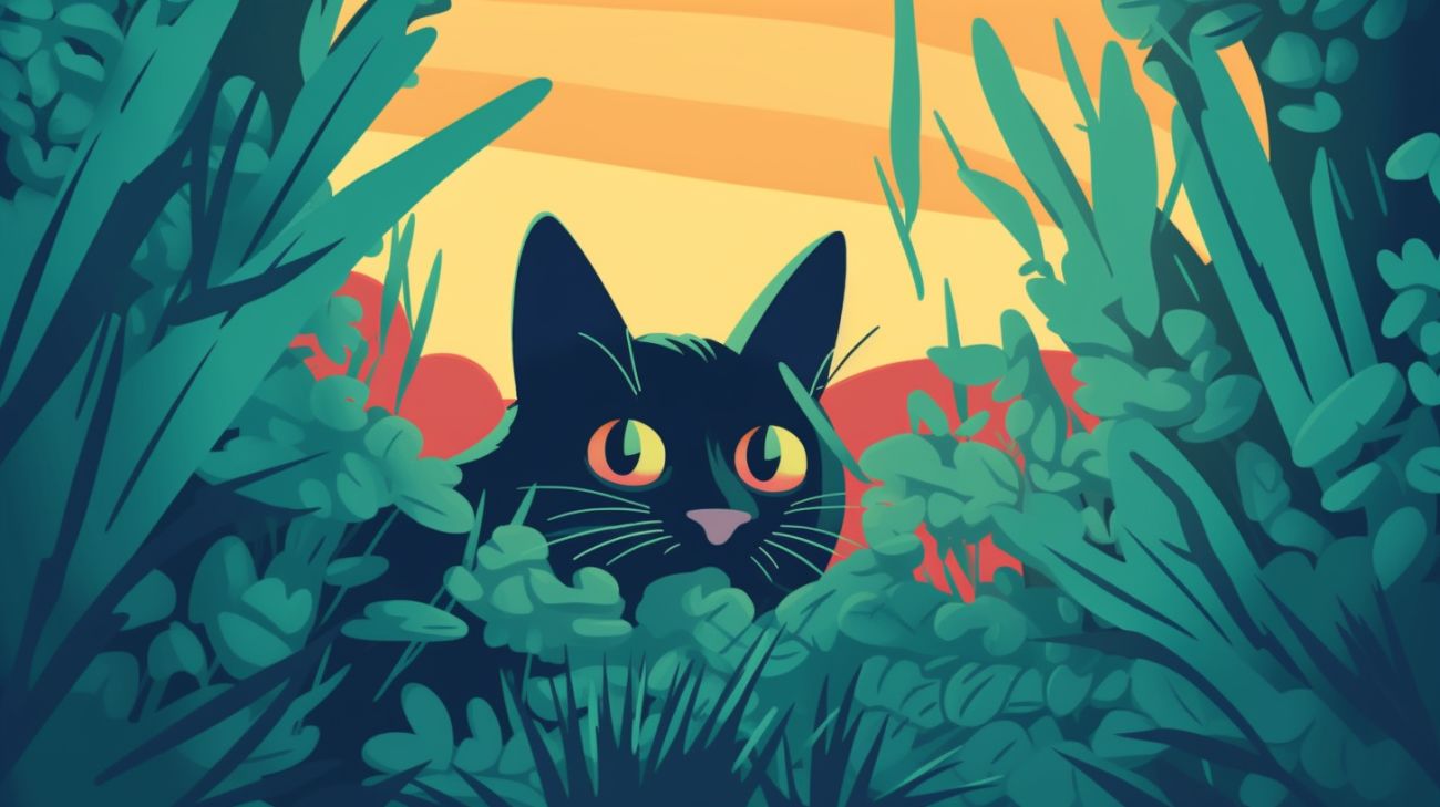 Schwarze Katze lugt aus hohem Gras und Pflanzen hervor, versteckt sich draußen vor Raubtieren