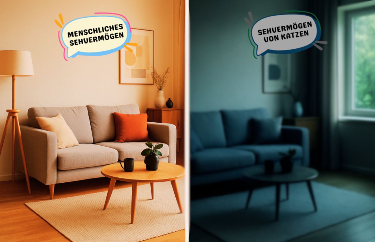 Seite-an-Seite-Vergleich eines Wohnzimmers aus menschlicher Sicht und aus der simulierten Sicht einer Katze, der Unterschiede in Farbe und Wahrnehmung zeigt