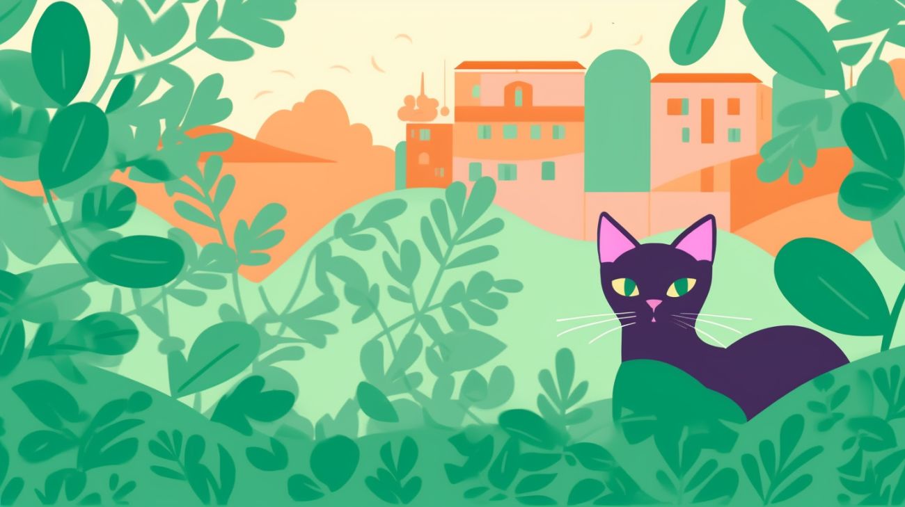 Kat verstopt in een struik, om de moeilijkheid van het vinden van een verloren kat te illustreren