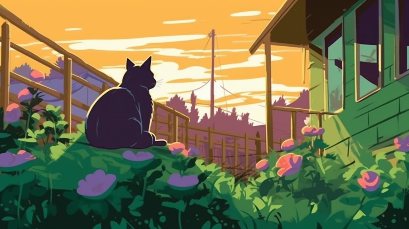 Kat verbergt zich in de tuin van een buurman