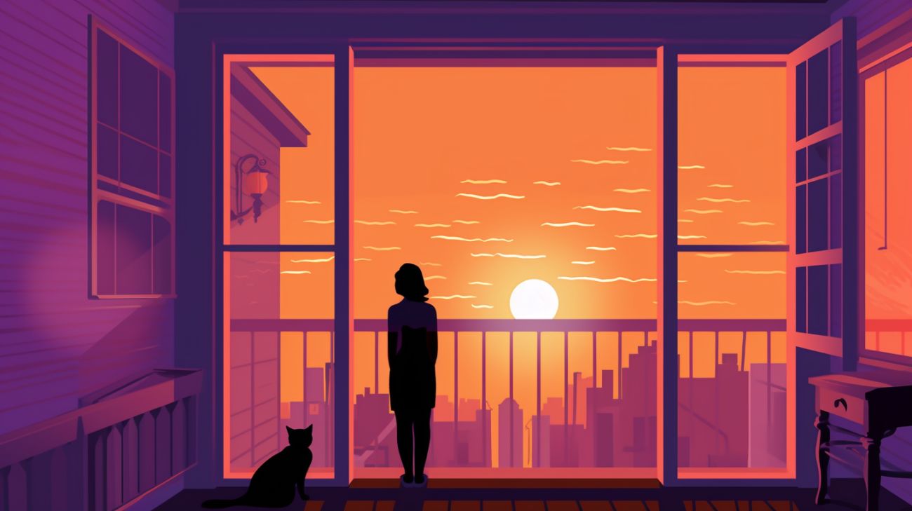 Een bezorgde katteneigenaar kijkt uit hun raam
