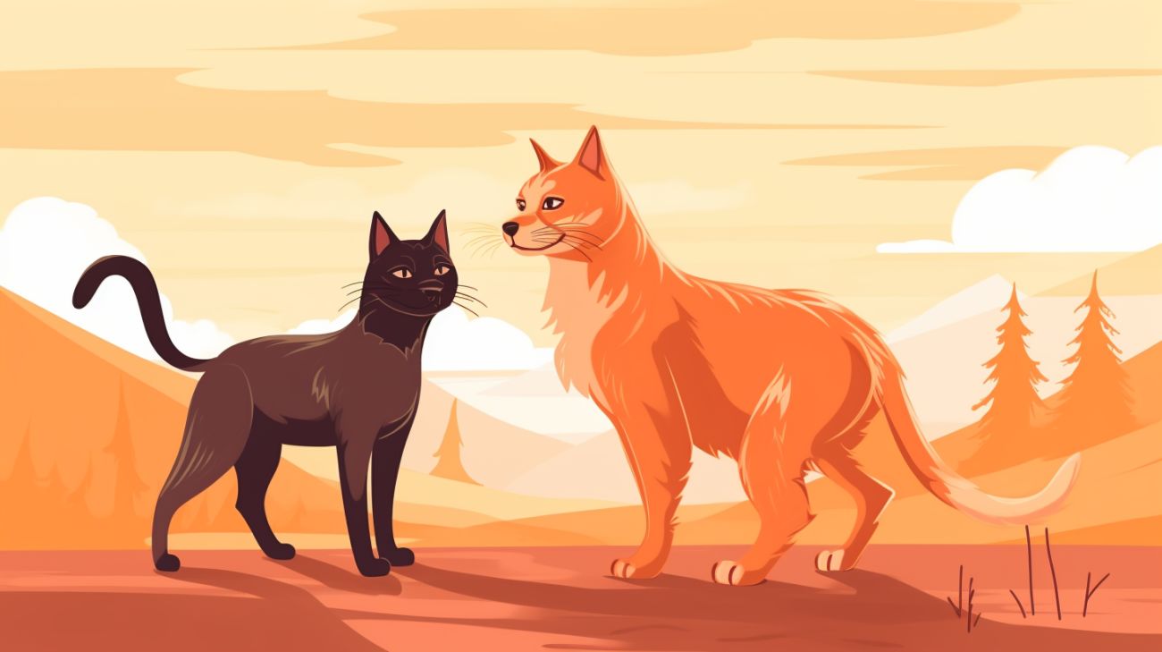 Een kitten en een volwassen kat die samen lopen