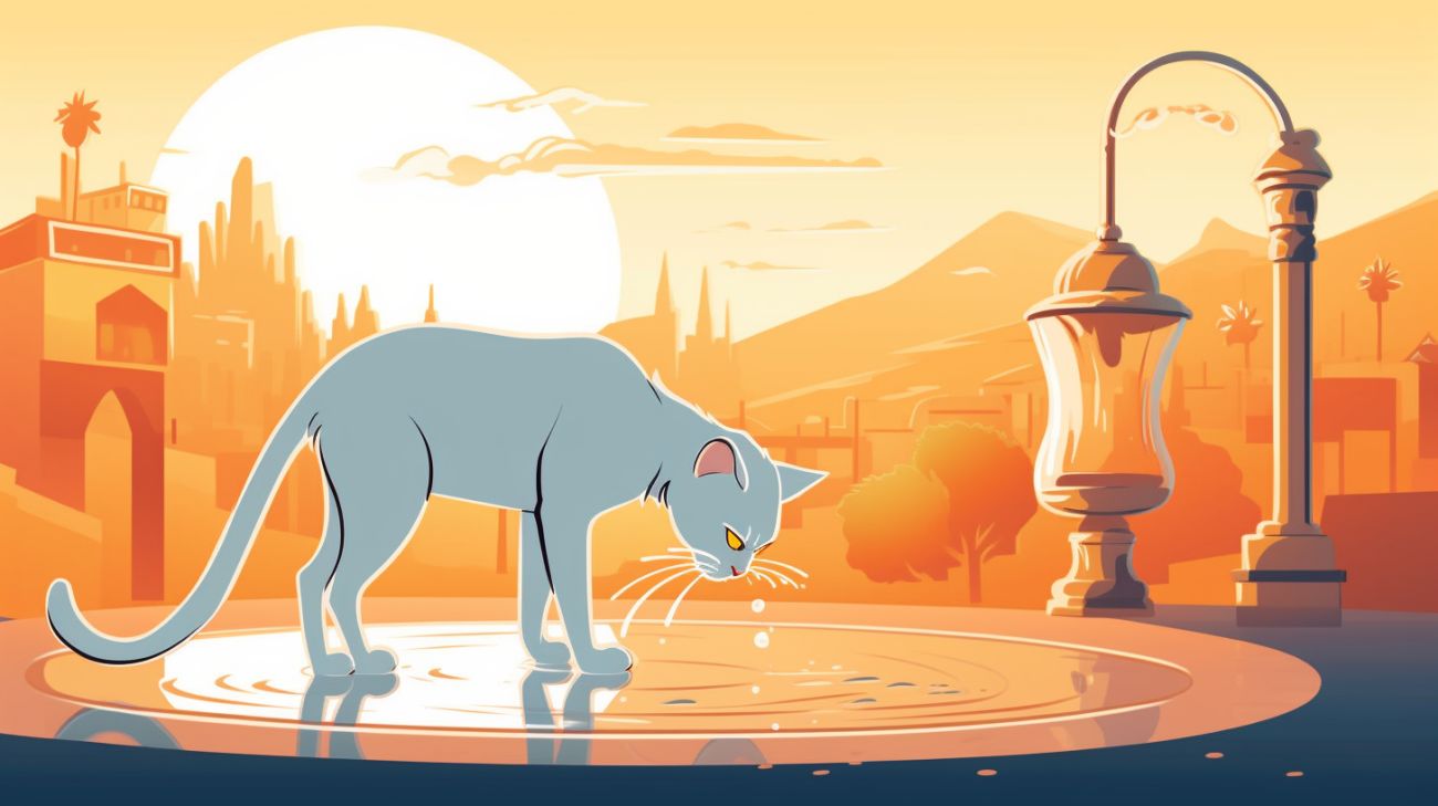 Een verdwaalde kat drinkt water uit een lekkende kraan