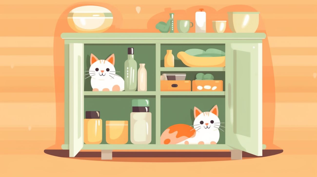 Two cats hiding in cupboards amongst other objects