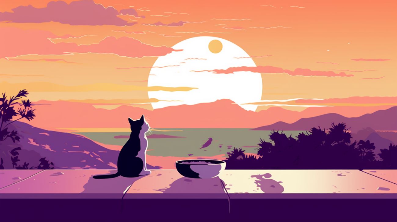 Lost cat sat next to a food bowl outside looking at the sunset