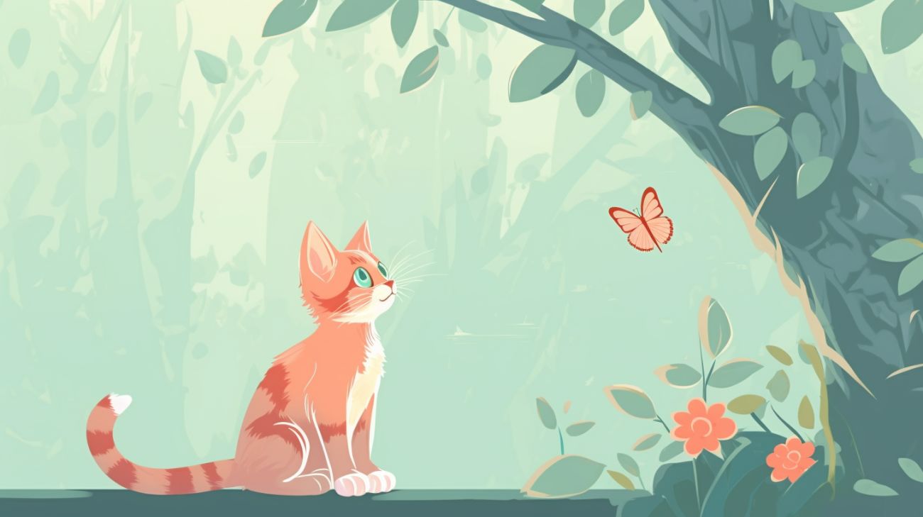 Small ginger lost kitten watching a butterfly near a tree