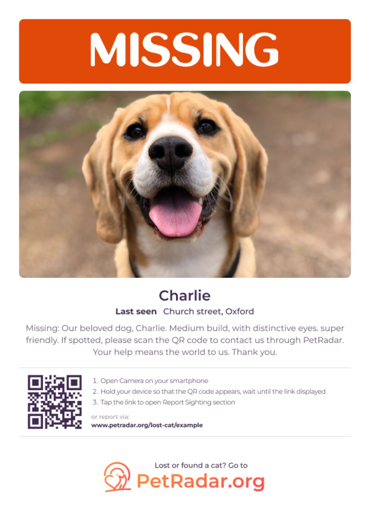 PetRadar's free printable missing dog poster