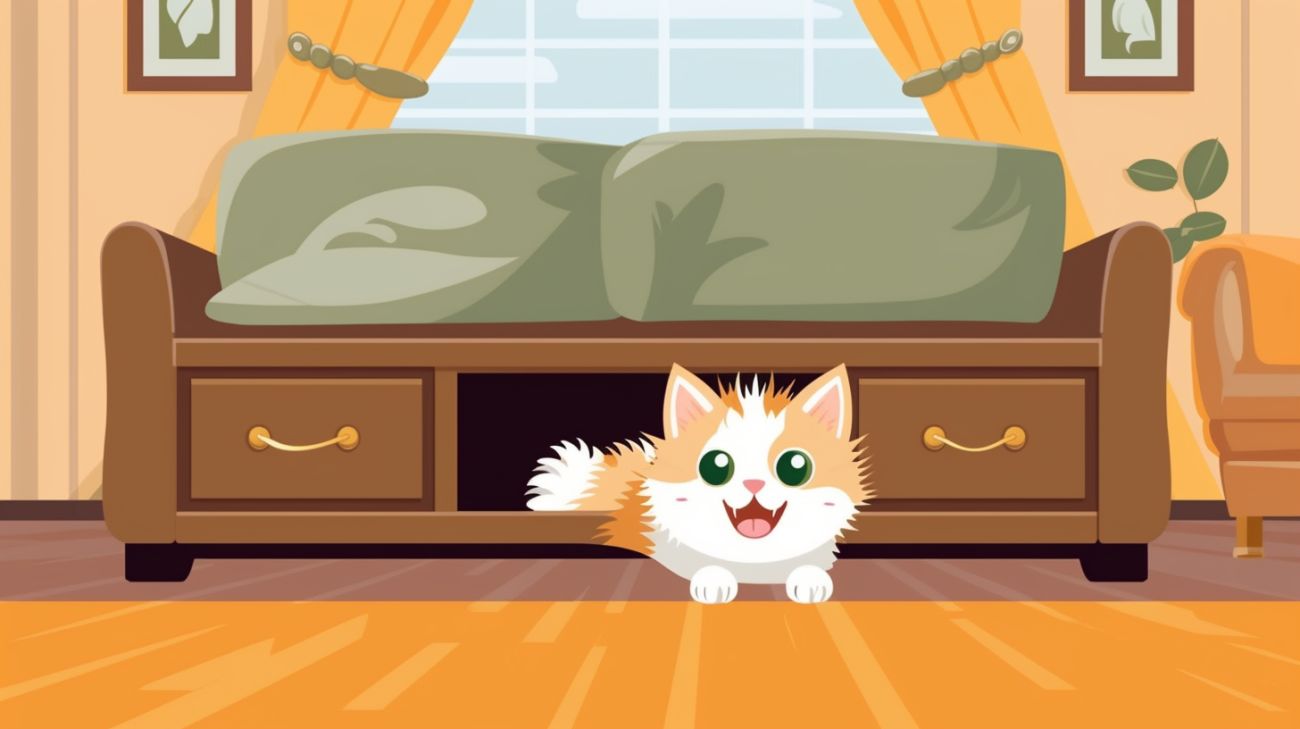 A white and orange kitten hiding under a sofa in drawers in the house