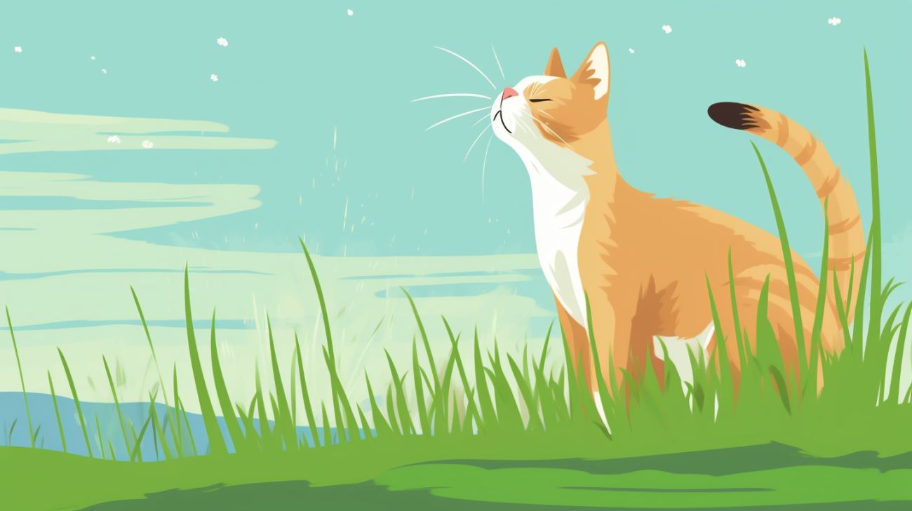 Oranje kat in het gras ruikt aan de lucht