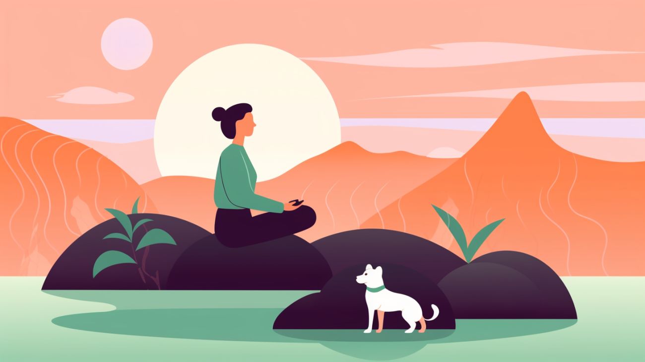 Ilustración de una mujer meditando sobre una roca junto a su mascota para mostrar la energía y la intención en la oración