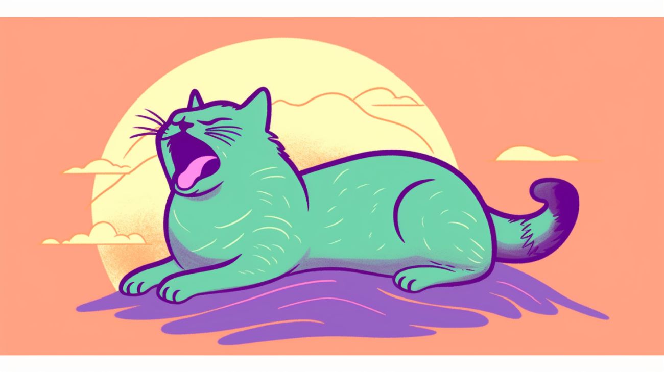 Illustration of a green cat meowing 