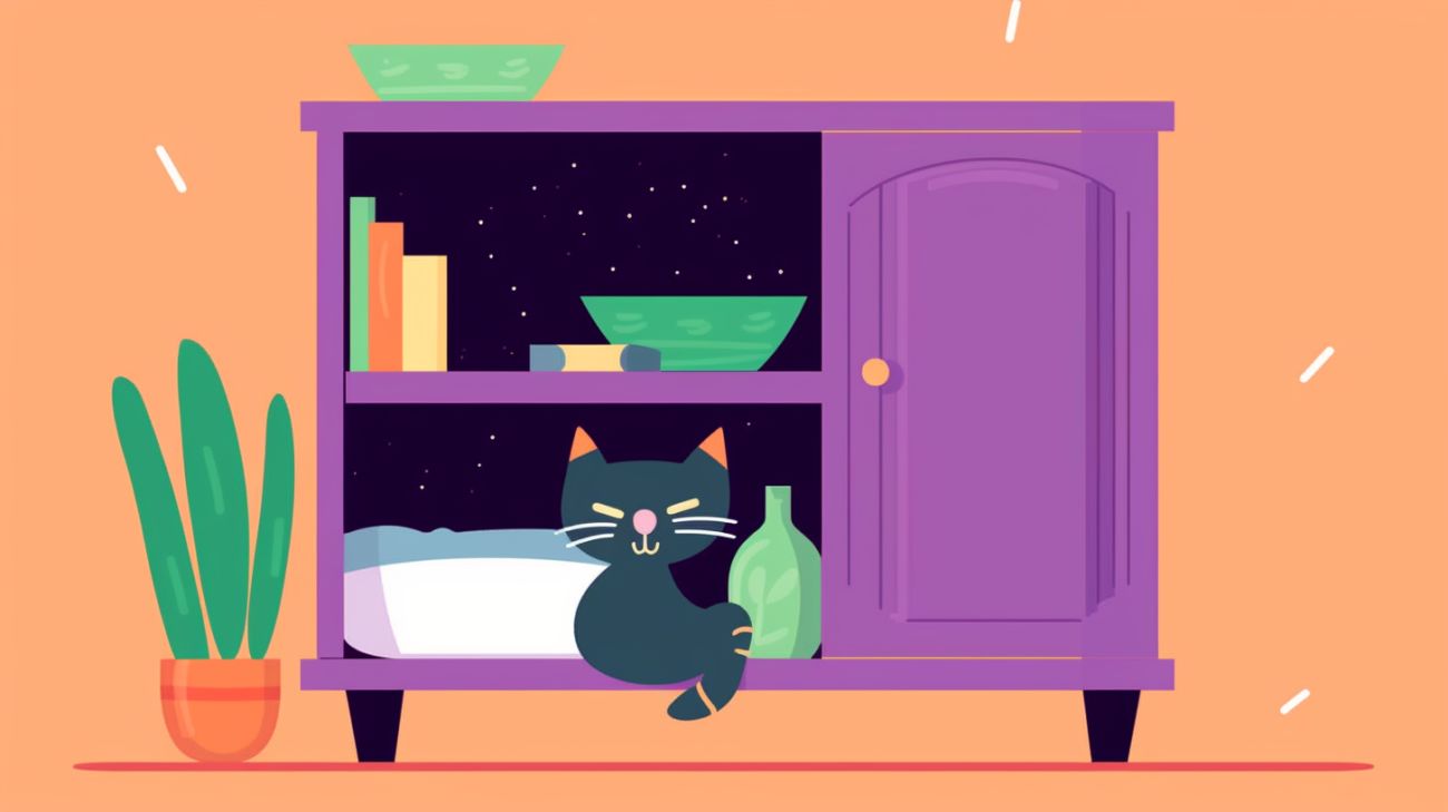 Afbeelding van een kat die zich in een kast verstopt