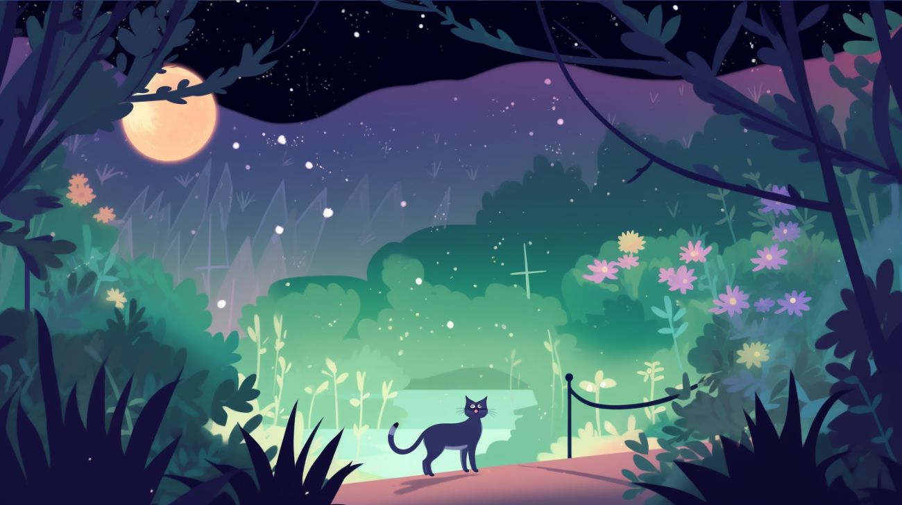 Eine Katze streift nachts draußen umher, mit dem Mond und Sternen im Hintergrund.