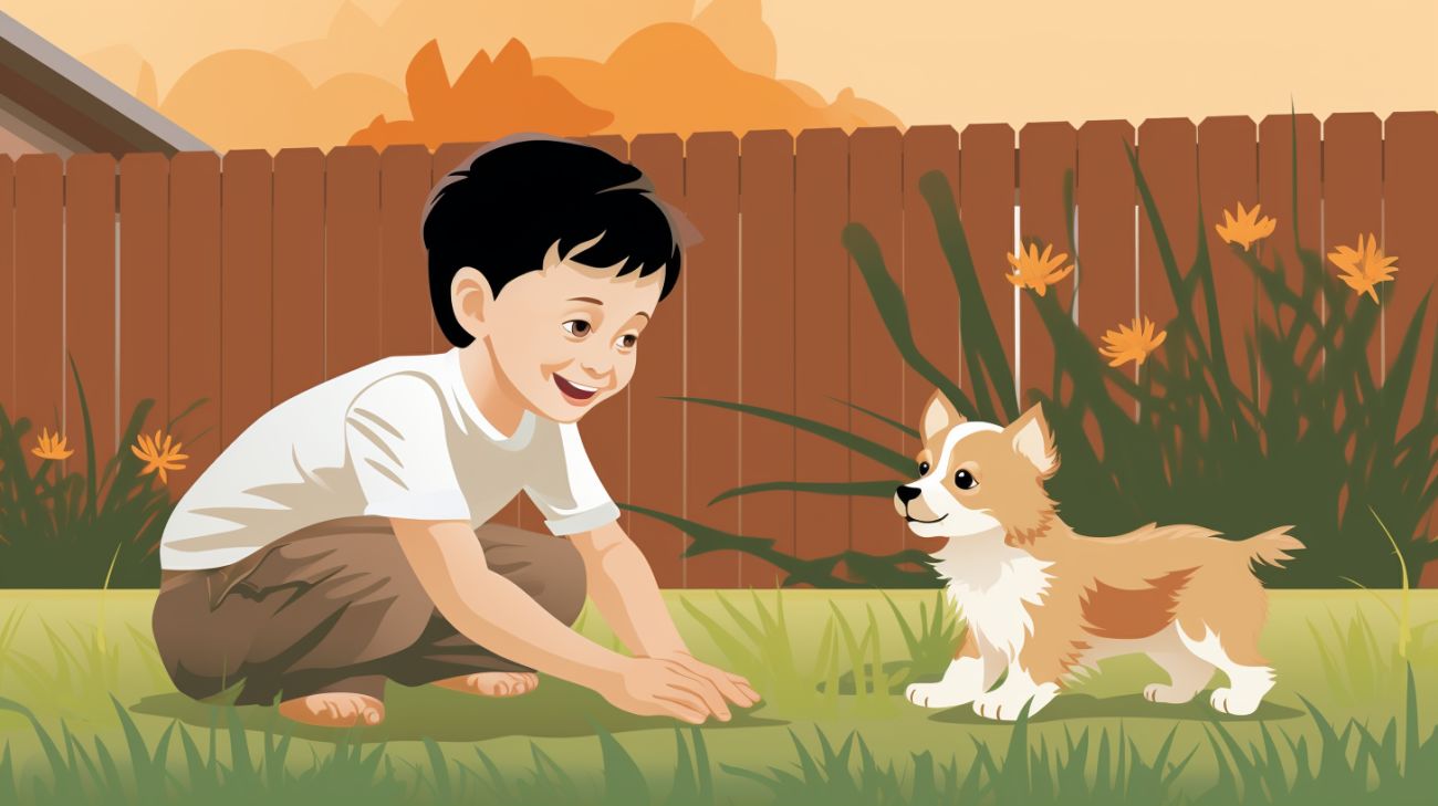 A child playing with a puppy