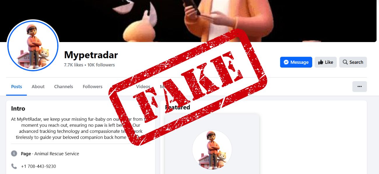 Fake page example 1 of scammers impresonating PetRadar