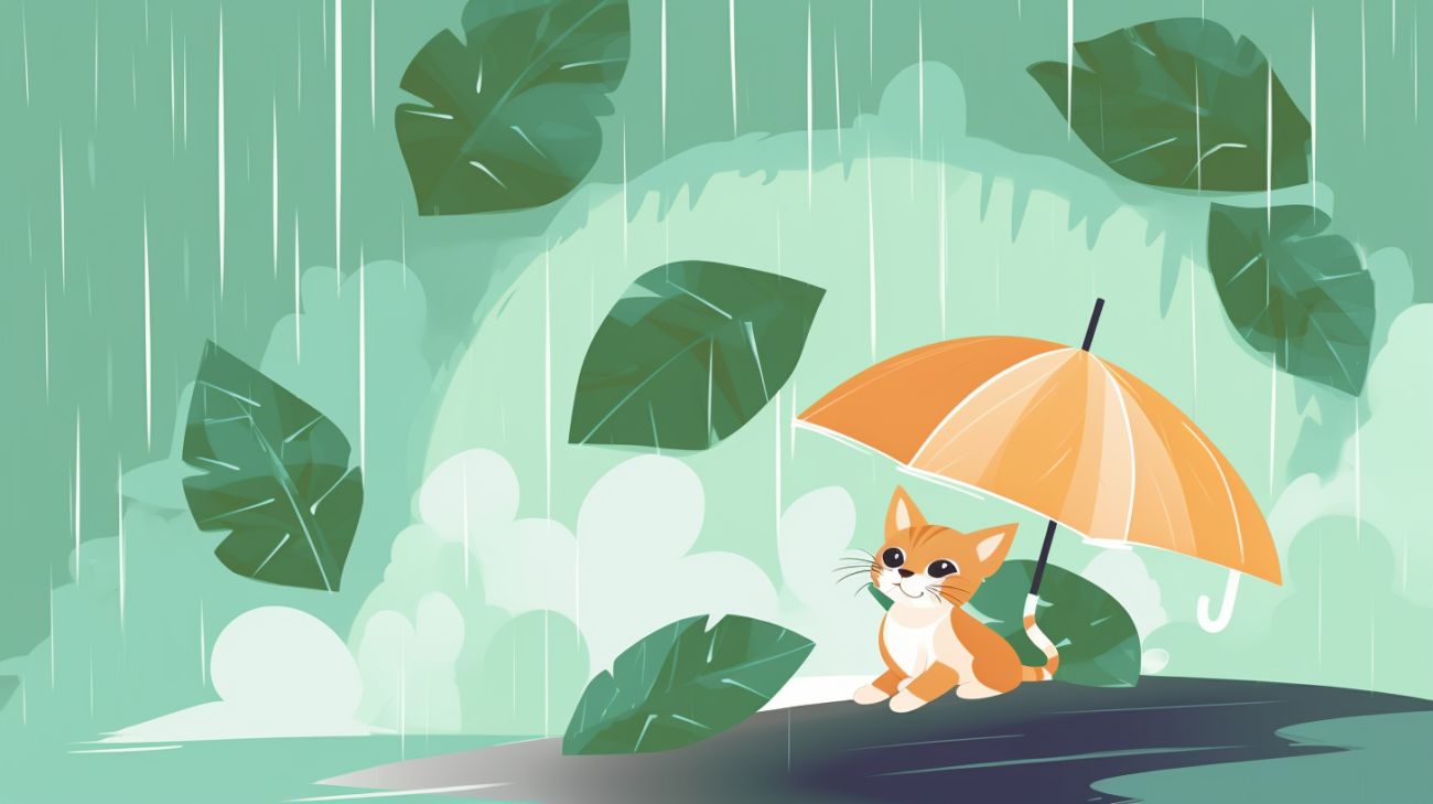 Lost kitten hiding in the rain under an umbrella
