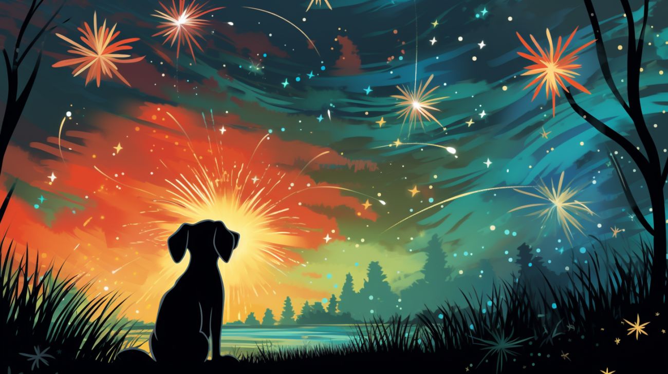 Ein ängstlicher Hund, der draußen versteckt und Feuerwerk beobachtet, nachdem laute Knalle ihn erschreckt haben