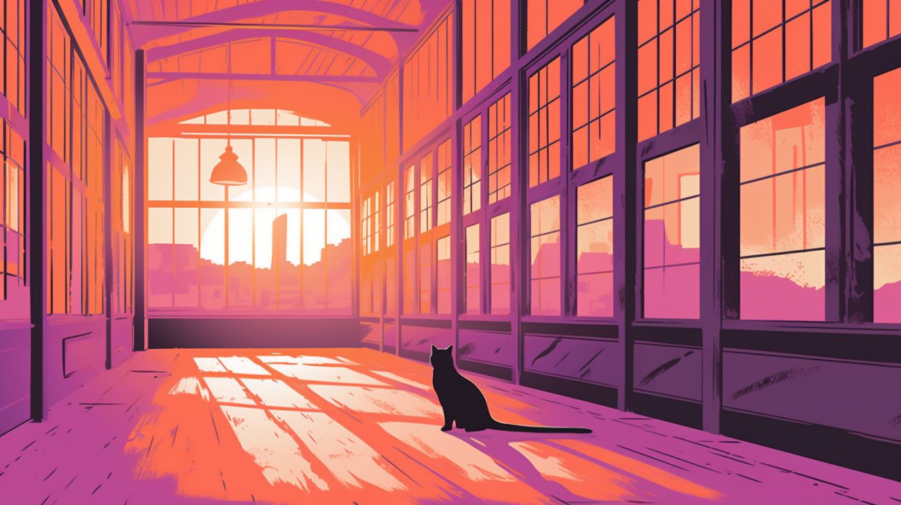 Gato sentado en un edificio abandonado