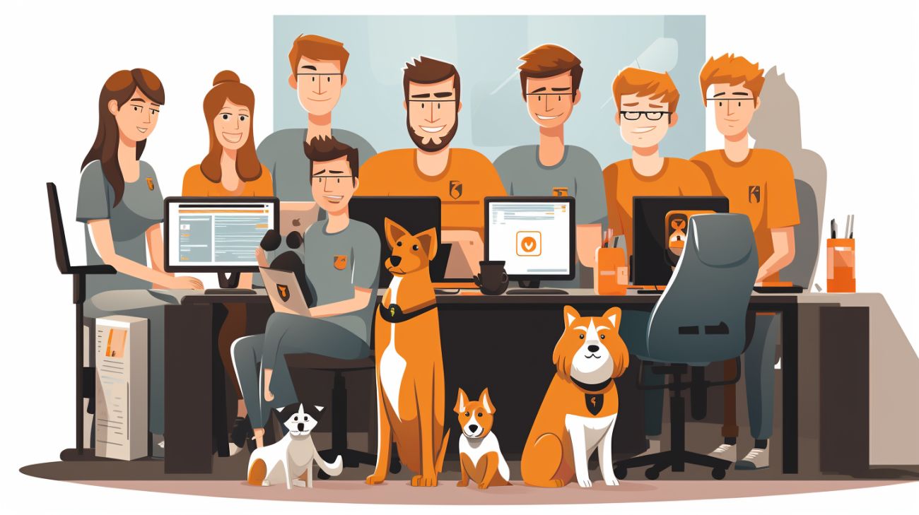 El equipo de PetRadar reunido rodeado de computadoras y perros