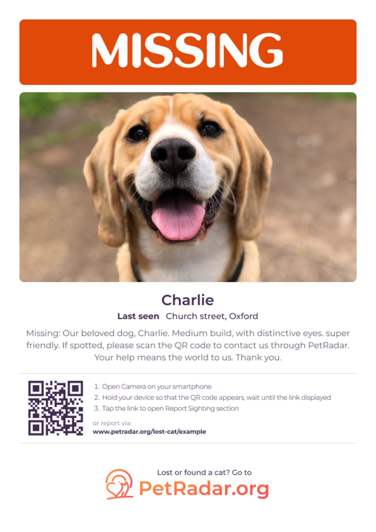 PetRadar's free downloadable and printable missing dog poster