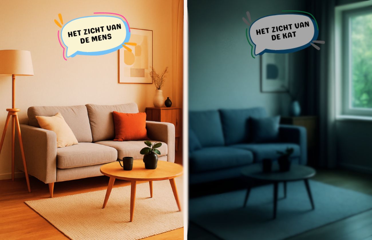Vergelijking van een woonkamer vanuit menselijk perspectief en gesimuleerd kattenperspectief, waarbij verschillen in kleur en waarneming te zien zijn