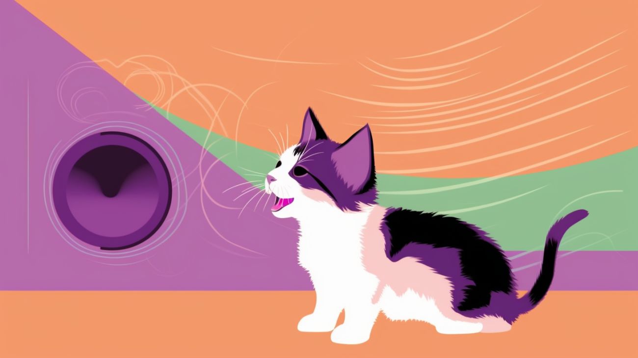 Cat responding to familiar sounds. Picture of a cat meowing next to a speaker with sound waves all around them