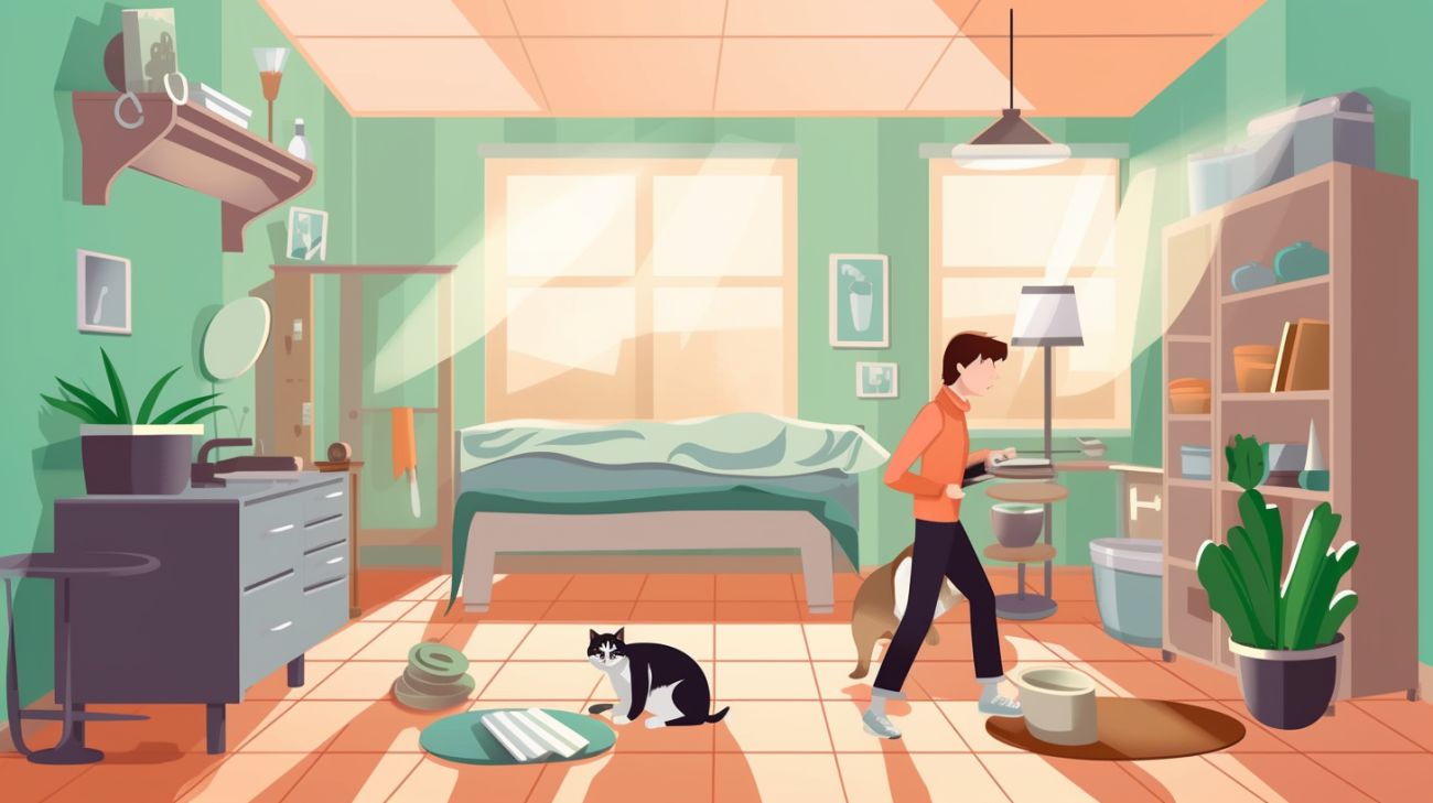 Persoon die elke hoek van een kamer inspecteert voor hun kitten