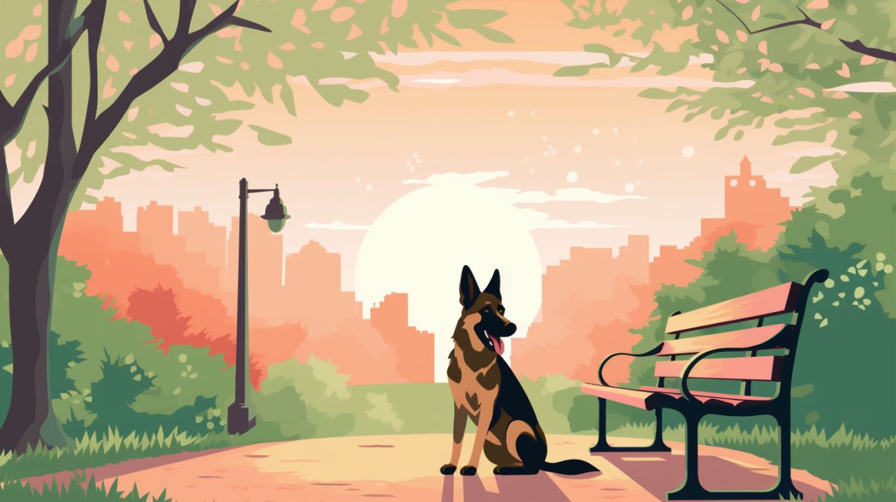 A German shepherd sat by a bench in a park