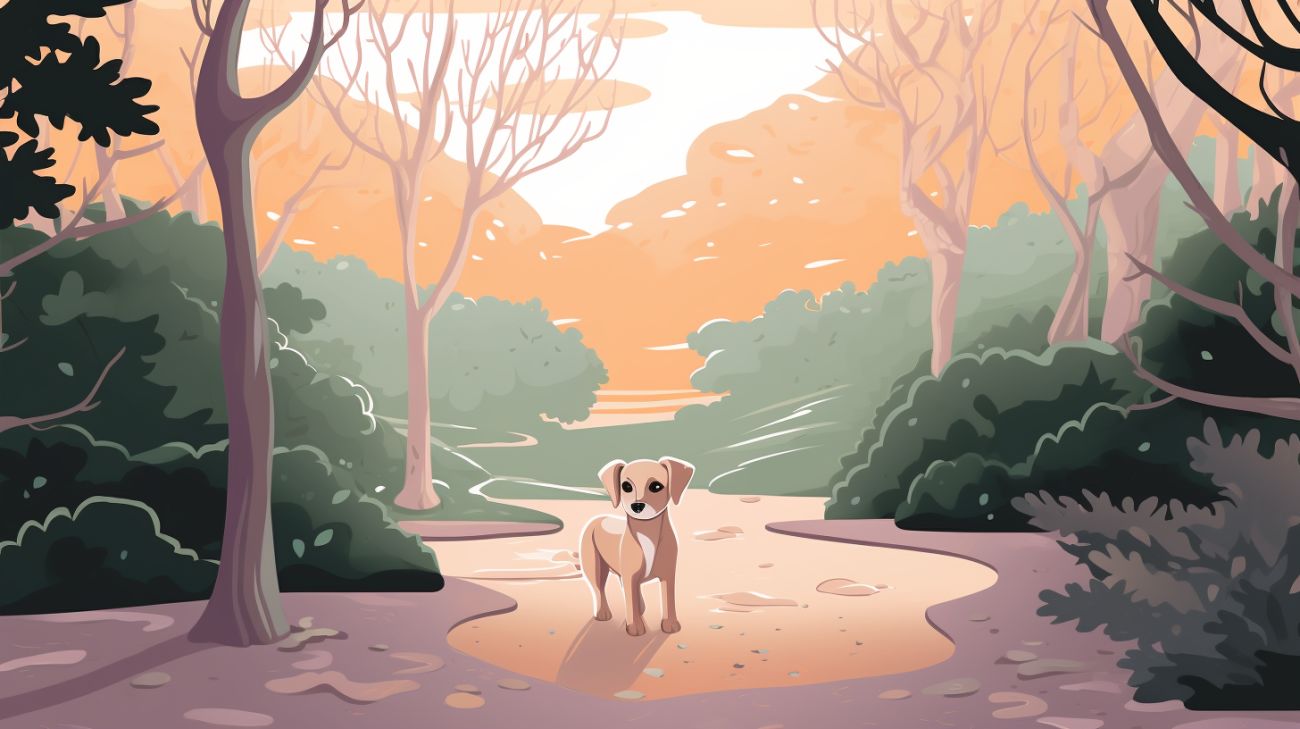 Een verdwaalde puppy staat alleen in het bos