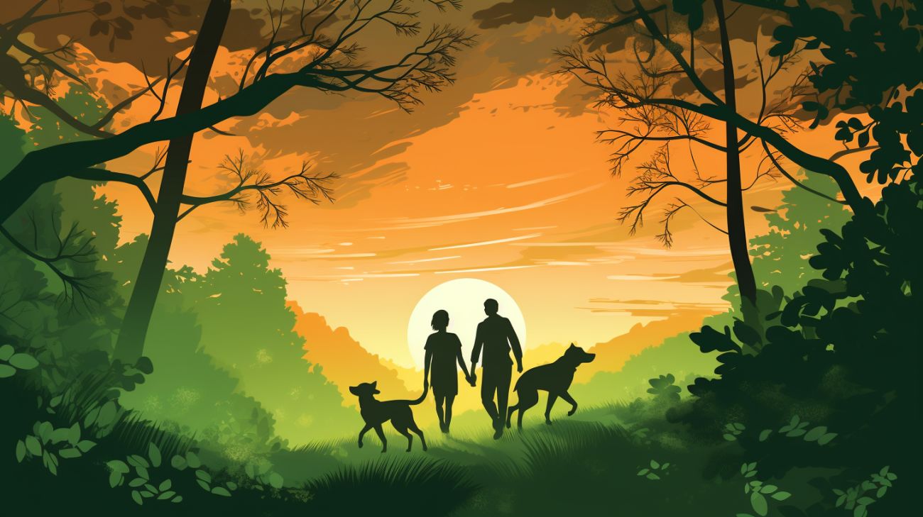 Zwei Personen, die zwei Hunde im Wald spazieren führen