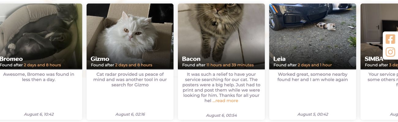 4 foto's van katten die dankzij PetRadar weer thuis zijn, met daaronder 5-sterrenbeoordelingen van de eigenaren