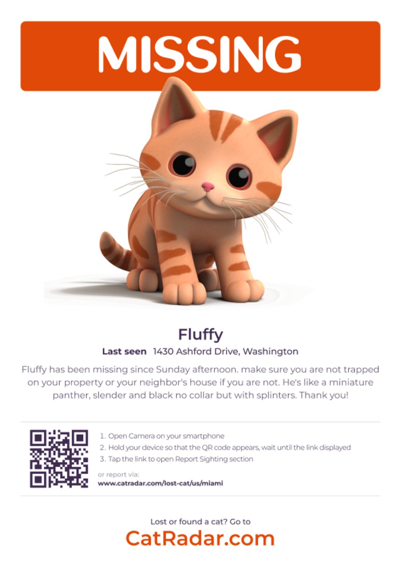 PetRadar's free and downloadable missing cat poster