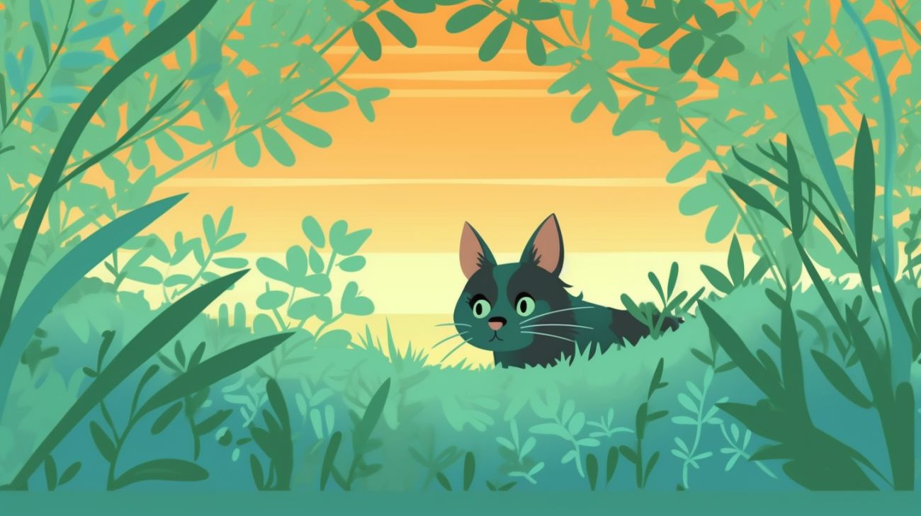 Een kat die zich in een struik verstopt, illustratie van angst of stress