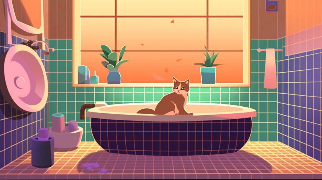 Een kat verstopt in de badkamer