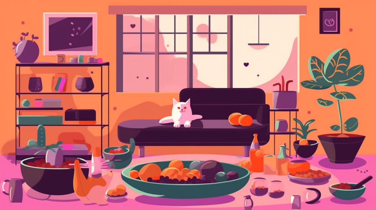Image of a cat's familiar environment, including food, water, and toys
