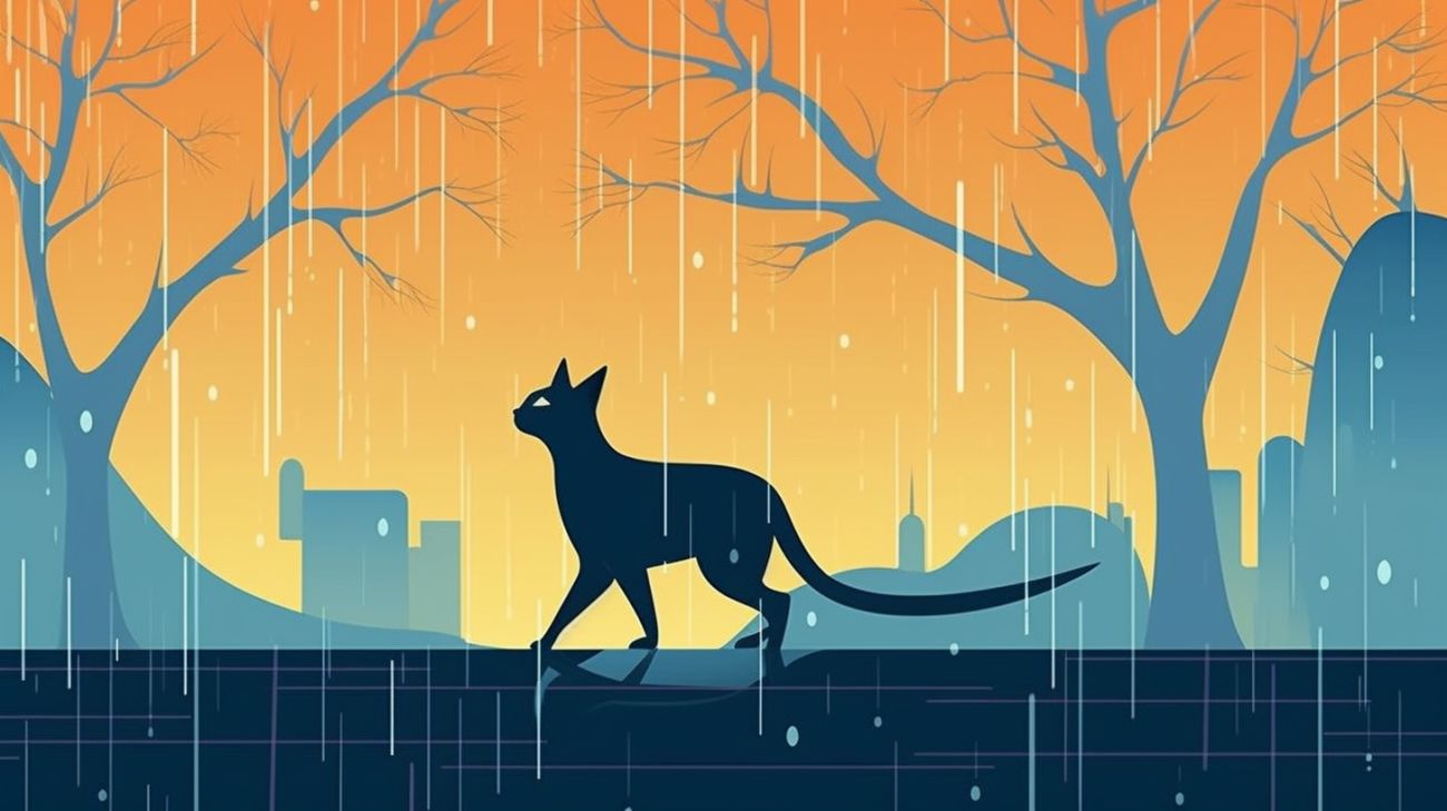 Een kat die in de regen loopt