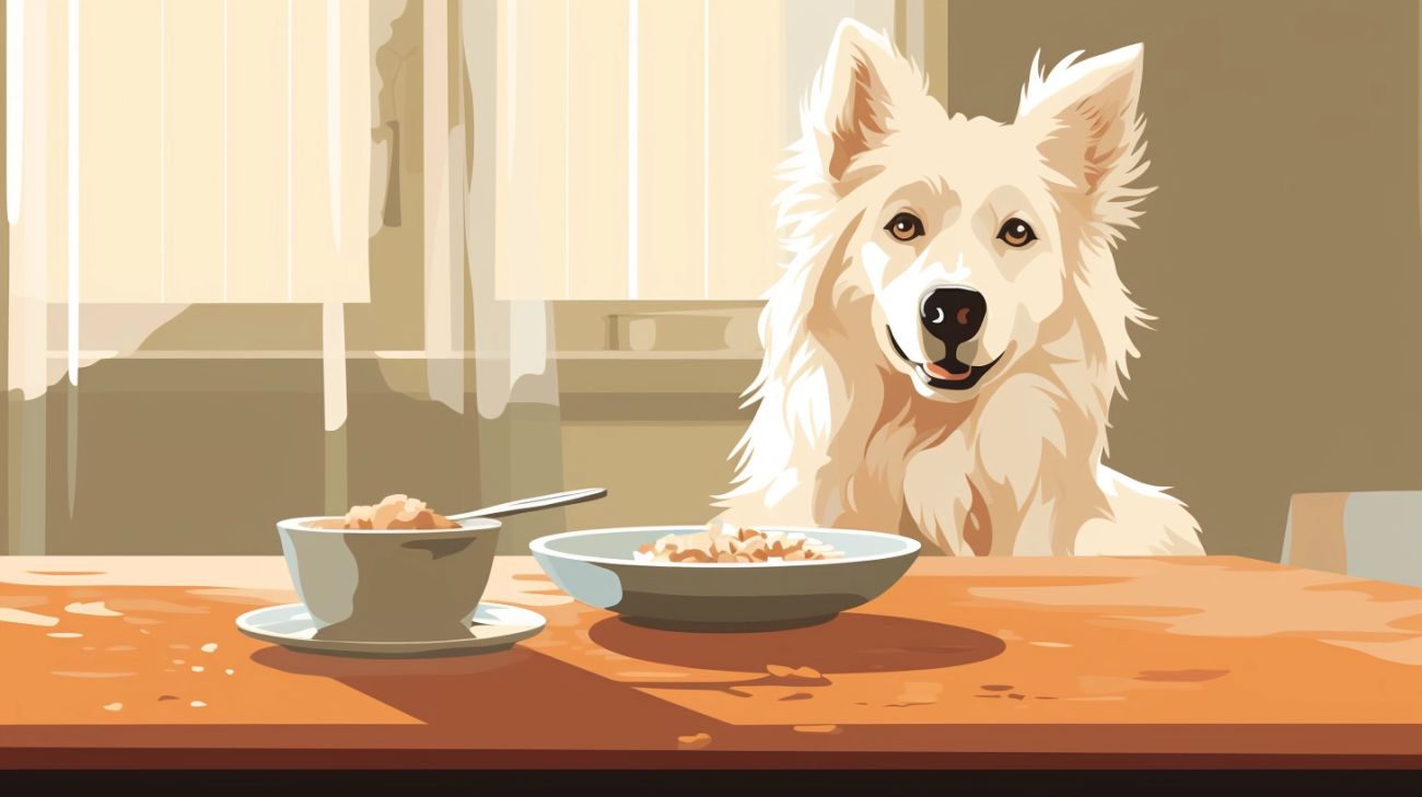 A dog sat by a bowl of food