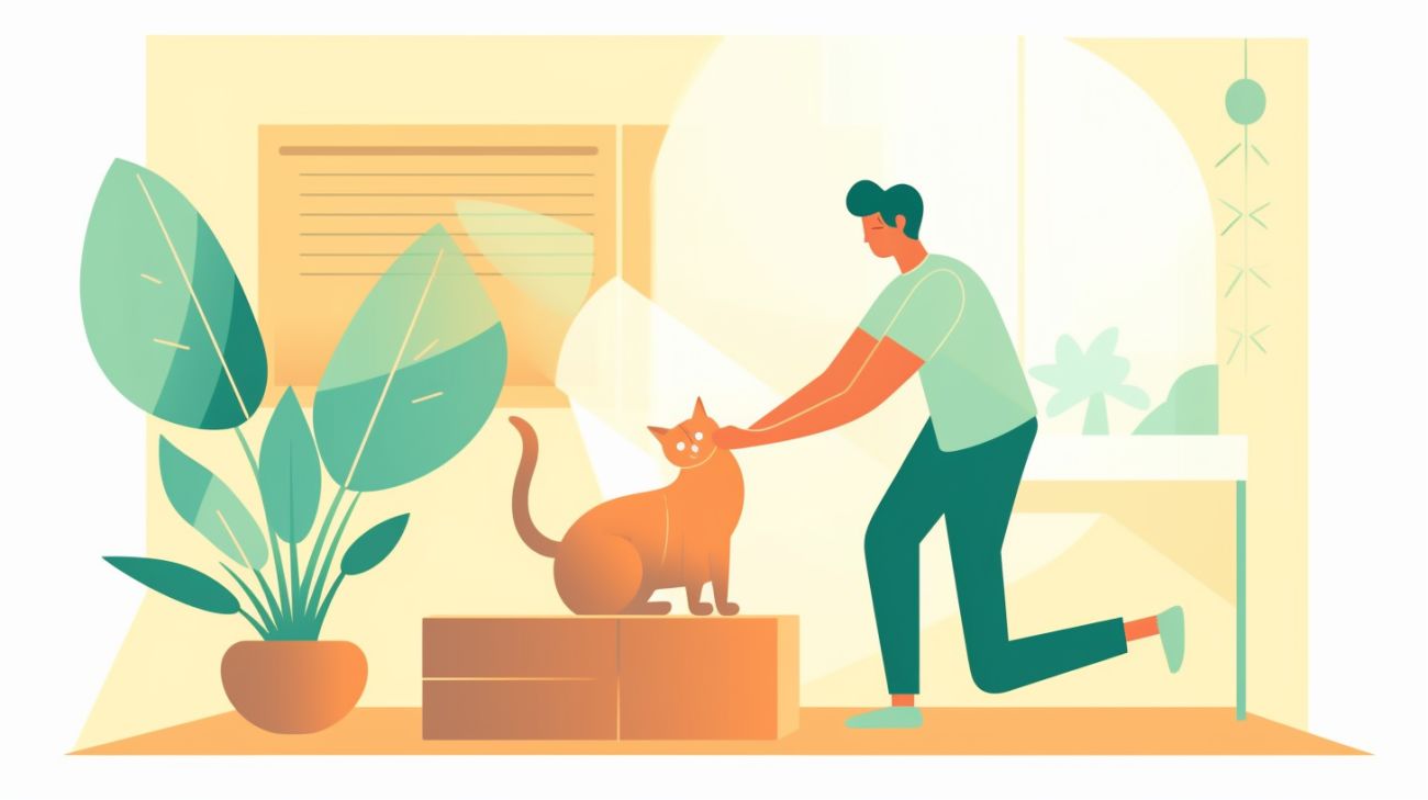 Afbeelding van een kattenbaasje die zijn kat uit een verstopplek probeert te lokken