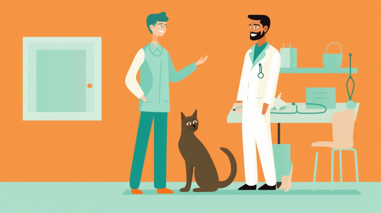Afbeelding van een bezorgde katteneigenaar die het verstopgedrag van hun kat bespreekt met een dierenarts