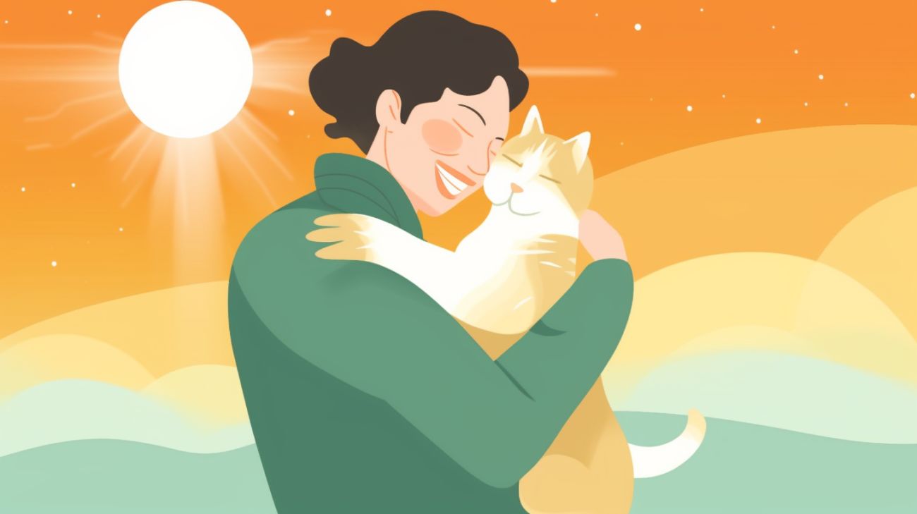 Een blije katteneigenaar die hun gevonden kat knuffelt