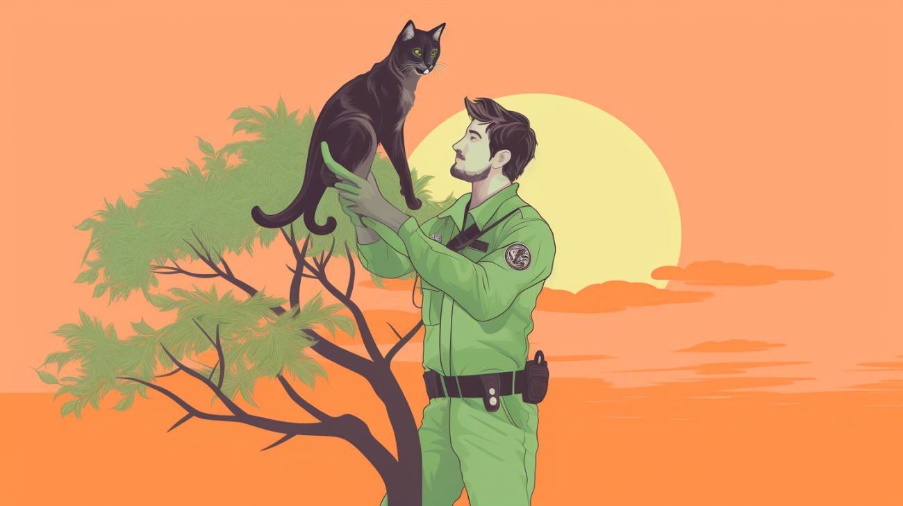 local park warden helping a lost cat out of a tree