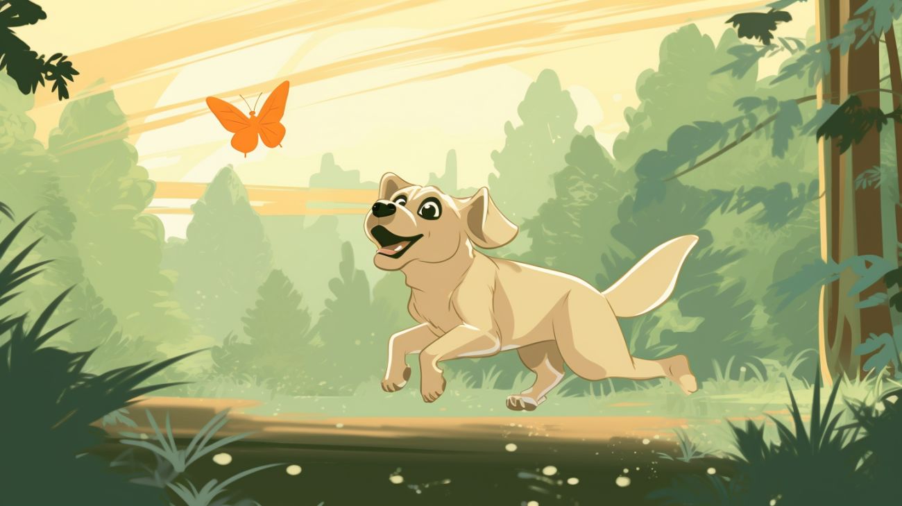 Un perro persiguiendo una mariposa en el bosque